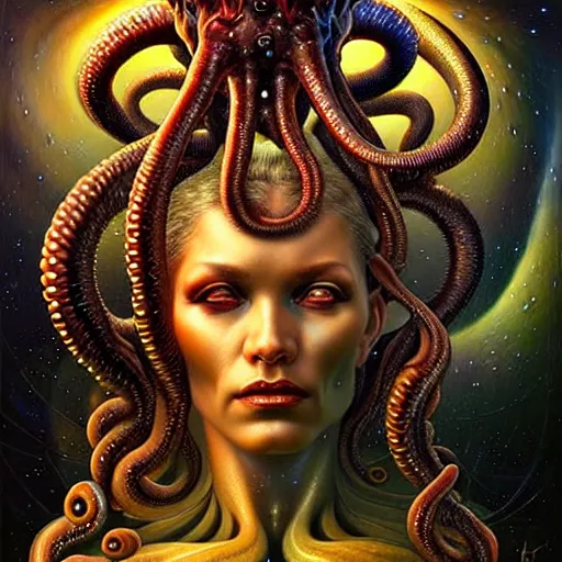 Prompt: uhd photorealistic cosmic lovecraftian gorgon in space. amazing detail, correct face, bizarre looking, by karol bak and zawadzki, hyperdetailed. intricate details with studio lighting.