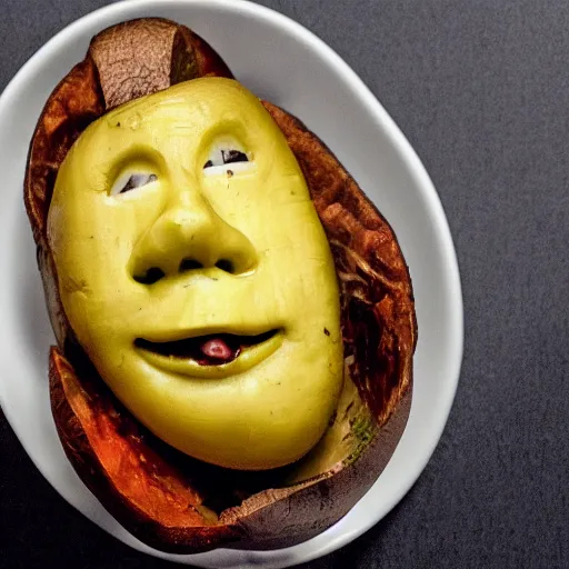 Prompt: loaded baked potato face, villian, cinematic, realistic photo, unsettling