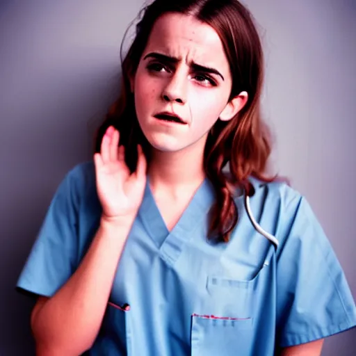 Image similar to emma watson, nurse scrubs, hospital, portrait, angry, mouth open, mid view head and shoulders, award winning, kodak ektachrome expired blue tint,