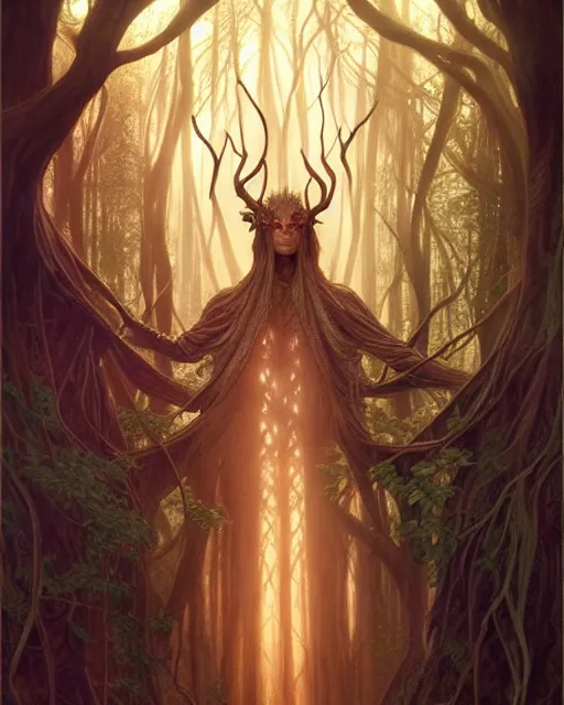 Image similar to symmetry portrait of king of ent of fangorn forest, glam, fae, fireflies, forest background, intricate, elegant, highly detailed, digital painting, artstation, concept art, smooth, sharp focus, illustration, art by artgerm and greg rutkowski and fra angelico and alphons mucha