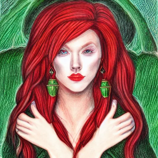 Image similar to full body detailed colored pencil drawing of a beautiful red haired sorceress with a beautiful face, wearing a green magician's robe