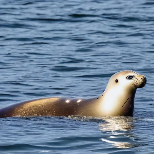 Image similar to a seal swimming at the surface of water with a seagull standing on its back