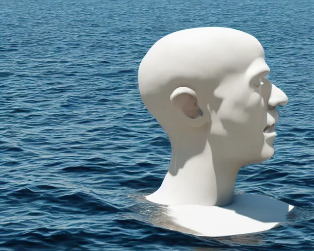 Prompt: a giant abstract sculpture of a human head on the ocean water, in the style of chad knight, award winning, cinematic, hyper - realistic, very detailed, realistic water splashes, ray tracing, 8 k resolution, long - shot, sharp focus, low angle, 8 5 mm photograph, wide lens