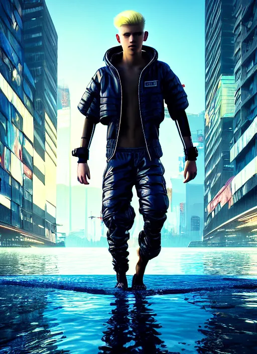 Prompt: photo of cyberpunk blonde male teenager walking on water in the style of stefan kostic, realistic, sharp focus, 8 k high definition, insanely detailed, intricate, elegant, art by stanley lau and artgerm