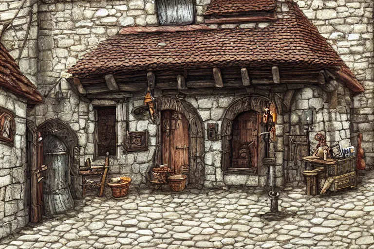 Image similar to A tiny medieval tavern viewed from the outside, texture, intricate, details, highly detailed, masterpiece, architecture, building, trending on artstation, focus, sharp focus, concept art, digital painting, fantasy, sunny, day, midday