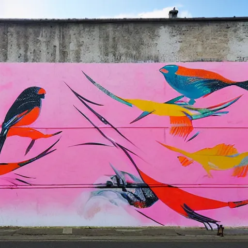 Prompt: a huge mural in pink and orange, showing many colorful birds and exuberant fish mixing and blending, urban Street art by refreshink, l7m, pantone