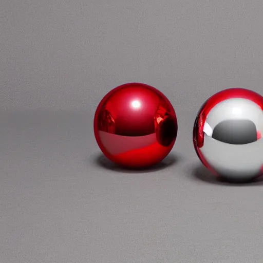 Prompt: chrome spheres on a red cube, anamorphic