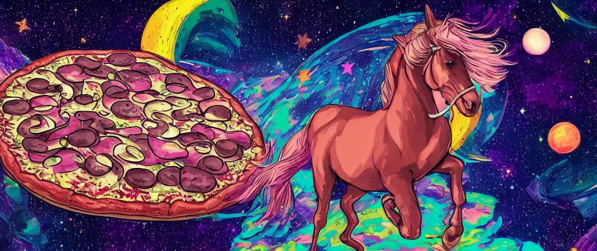 Prompt: a horse riding across the stars on a big pizza, comic style, colorful, 4 k, high details, vaporwave