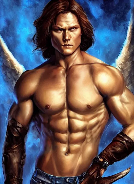 Image similar to beautiful! Sam Winchester as a muscular angel starring a urban fantasy romance book cover, D&D!, fantasy style, sharp focus!, ultra detailed, art by Artgerm and Peter Andrew Jones, WLUP