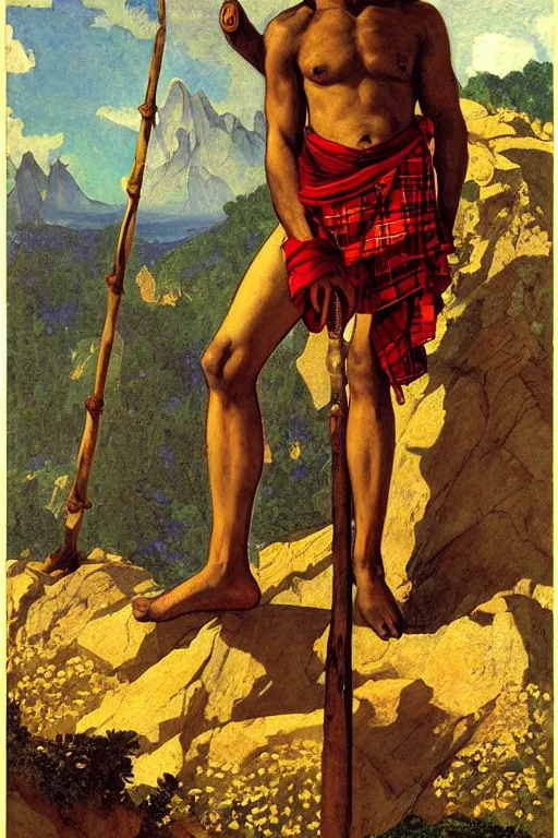 Prompt: a homoerotic tarot card of a shirtless desi mountaineer on a mountain peak holding a wooden staff. he is young, muscular, hairy, and has dark brown skin. he is wearing a tartan kilt, cowboy hat, and boots. art deco, art nouveau. by raja ravi varma, by louis comfort tiffany, by albert bierstadt. trending on artstation.