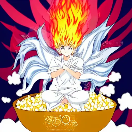 Image similar to fluffy popcorn hit by lightning, elemental spirit, in the style of a manga character, with a smiling face and flames for hair, sitting on a lotus flower, white background, simple, clean composition, symmetrical