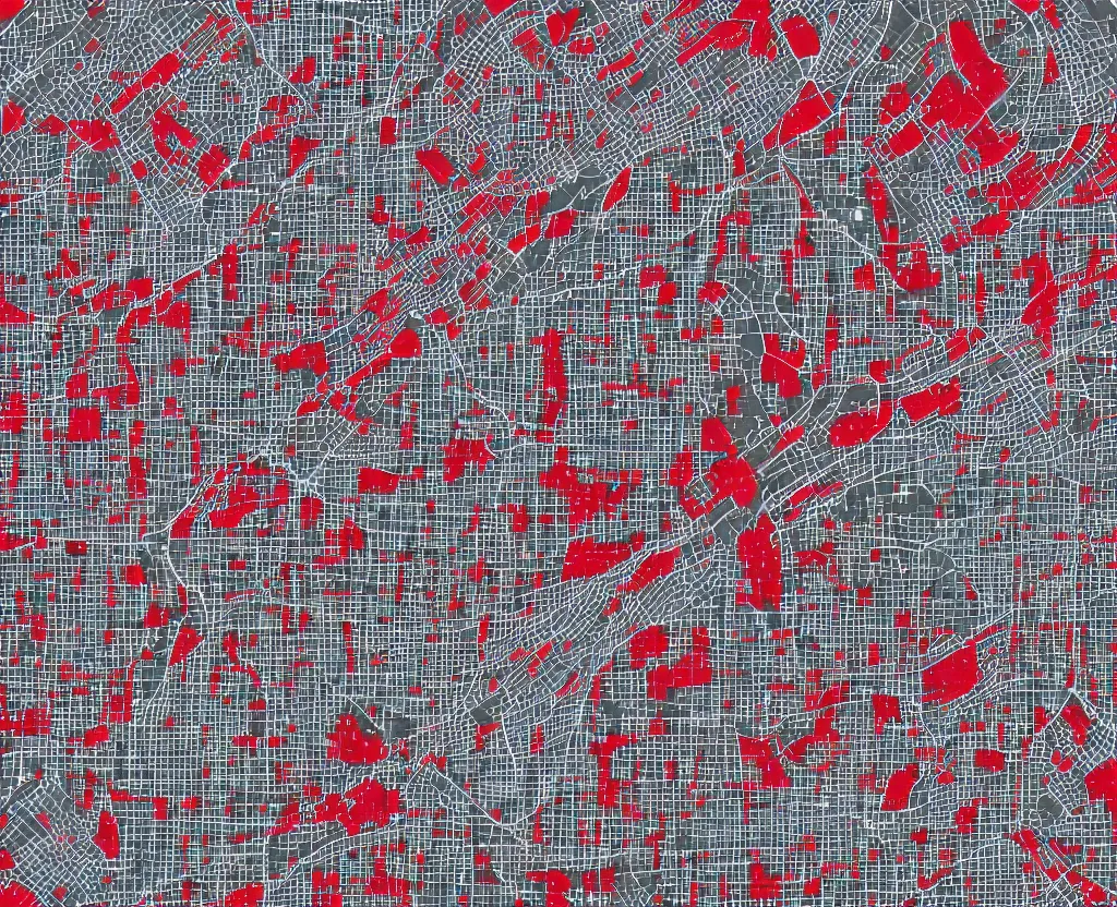 Prompt: multitude of red points on a Vector Taupe on DarkGrey Streets Satellite Map, vector graphics, 8k