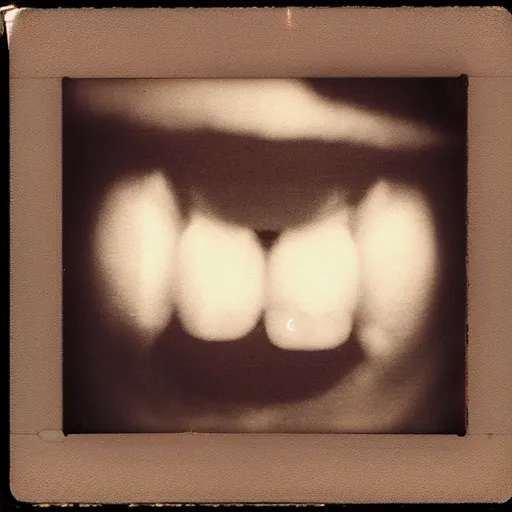 Image similar to Polaroid photography of a detached face smiling with crooked teeth in an old house