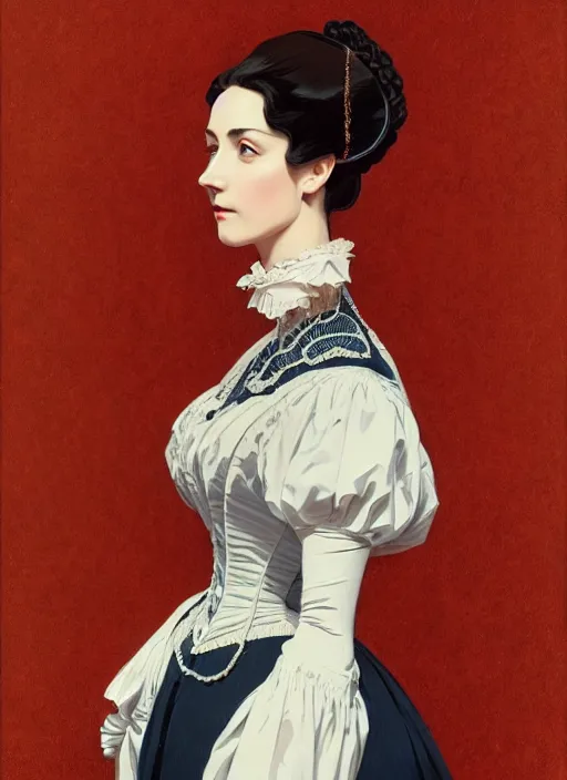 Prompt: 3 / 4 view of a portrait of woman in victorian clothing, confident pose, intricate, elegant, sharp focus, illustration, highly detailed, concept art, matte, trending on artstation, anime, art by james jean and artgerm and brian despain and alberto mielgo, ilya kuvshinov, strong strokes, gothic, haunted, art nouveau