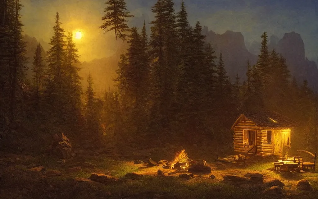 Image similar to small wood cabin with a small campfire on the edge of a forest overlooking a beautiful valley at dusk, sunset in the distance, mountainous backdrop, cinematic lighting, intricate ink illustration, by albert bierstadt