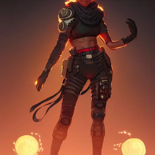 Image similar to full body portrait of loba from apex legends, mischievous expression, sultry smirk, bangs and wavy hair, intricate, elegant, glowing lights, highly detailed, digital painting, artstation, concept art, smooth, sharp focus, illustration, art by wlop, mars ravelo and greg rutkowski