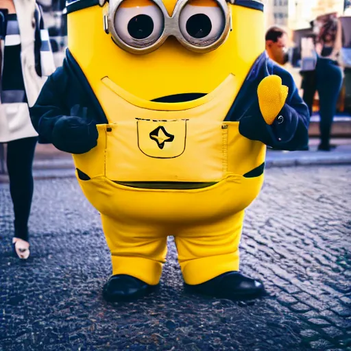 Prompt: candid photo of a real life humanized minion, street photography, beautifully backlit by the sun, detailed portrait shot, 35mm, lens, sony a7z, flickr, hyper realistic, real life, 4k, UHD