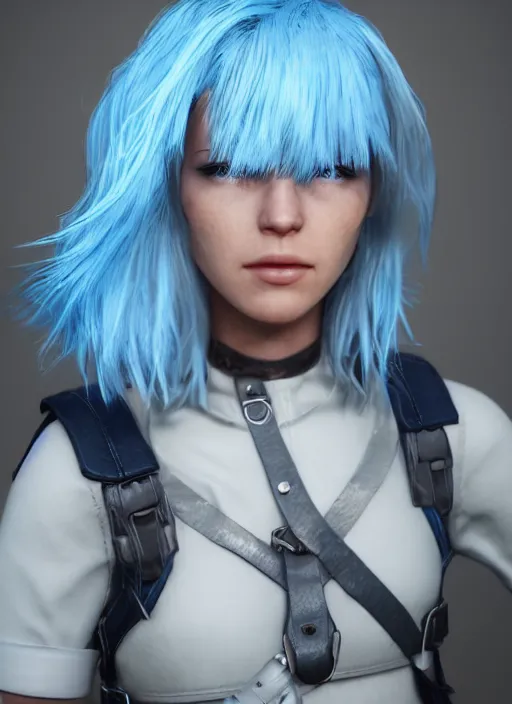 Prompt: Beautiful light blue haired model, navy leather female soldier outfit, blue leather soldier helmet, beautiful face, blue eyes, photo realistic, octane render, portrait, artstation, unreal engine