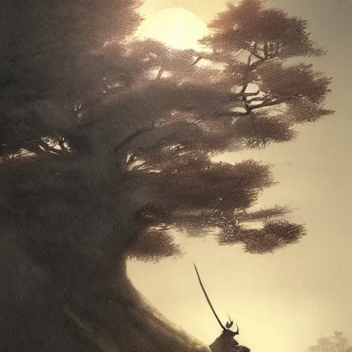 Image similar to a samurai sitting under a tree, back lighting, dramatic scene, detailed, night time, full moon, in the style of greg rutkowski