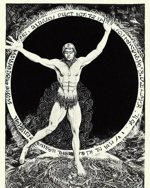 Image similar to a druid standing in a circle at the beginning of the world by virgil finlay