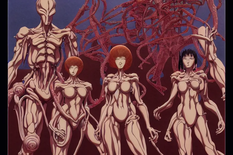 Prompt: cel shaded study of a group of flesh golems, key visual with intricate linework, in the stlye of moebius, ayami kojima, 90's anime, retro fantasy