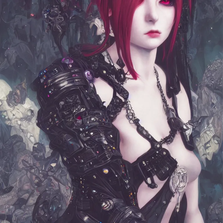 Image similar to portrait of beautiful young goth babe, cyberpunk, Warhammer, highly detailed, artstation, illustration, art by Gustav Klimt and Range Murata and Ilya Kuvshinov and Sakimichan