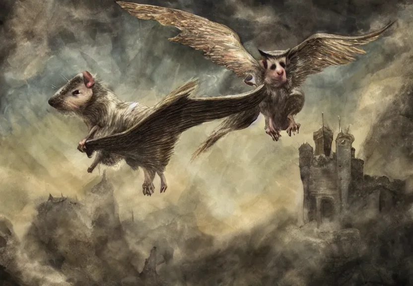 Prompt: the legendary glorious winged possum is flying over a medieval castle under the dark starred sky, dark fantasy, watercolor, dreaming illusion, highly detailed, 4k, trending on Artstation, award-winning