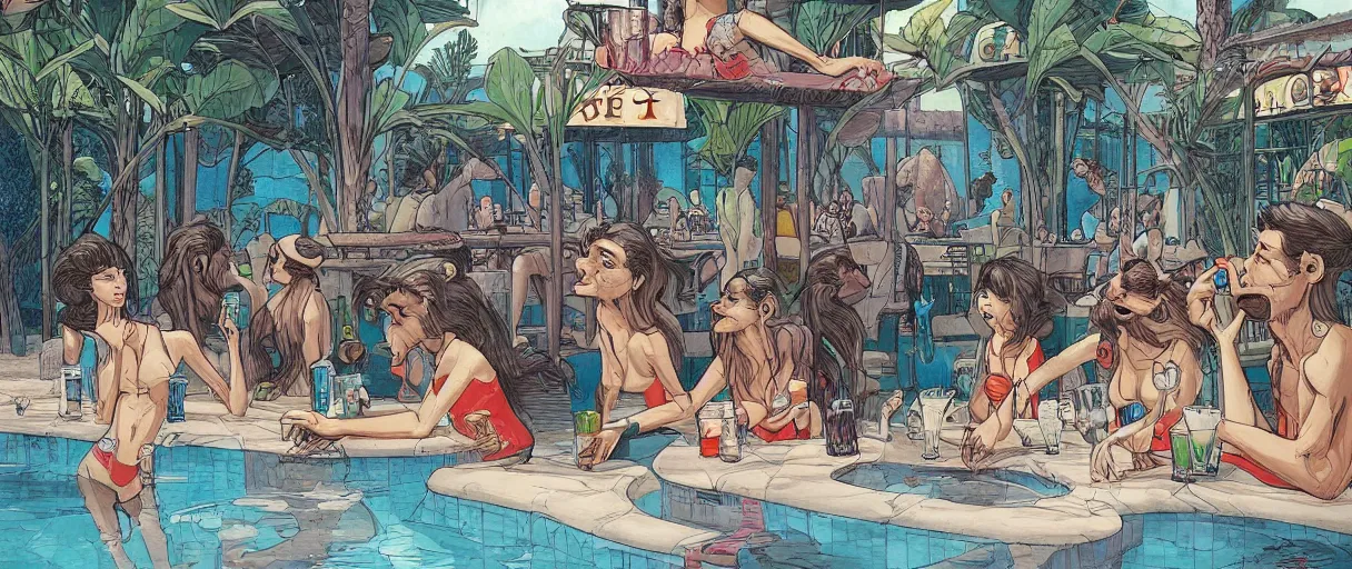 Prompt: a beautiful illustration of a monkeys having drinks at an outside pool bar by James Jean | comic book:.5 | unreal engine:.6