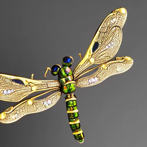 Prompt: highly detailed, well-lit studio photo of a complex intricate, ornate, art nouveau dragonfly brooch, with interlacing golden curves and opal eyes