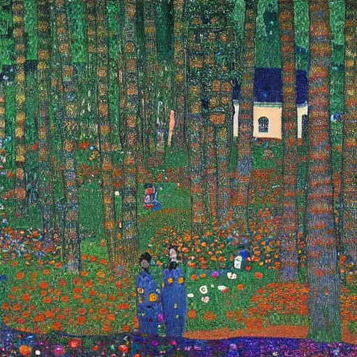 Prompt: an ancient village in a magical forest, painting by Gustav Klimt and Andy Warhol