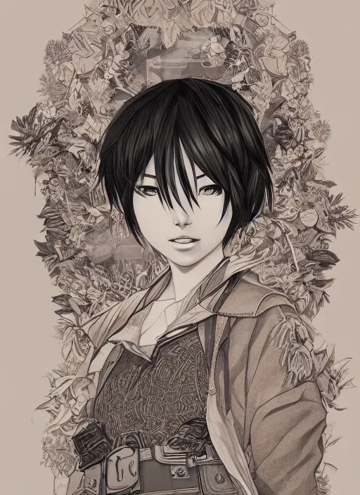 Image similar to portrait of mikasa, an ultrafine detailed illustration by james jean, intricate linework, bright colors, final fantasy, behance contest winner, vanitas, angular, altermodern, unreal engine 5 highly rendered, global illumination, radiant light, detailed and intricate environment