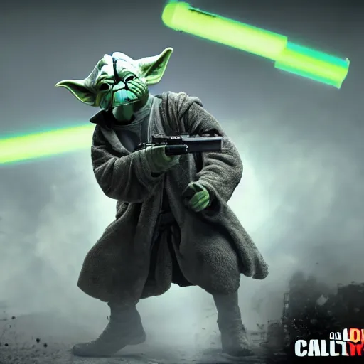 Prompt: Yoda as the main character in Call of Duty black ops, holding a gun, highly detailed, high quality, HD, 4k, 8k, Canon 300mm, professional photographer, 40mp, lifelike, top-rated, award winning, realistic, sharp, no blur, edited, corrected, trending