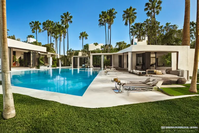 Prompt: 30 million dollar villa in Hollywood, beautiful architecture, pools, palmtrees, very detailed photorealistic advertisement photo