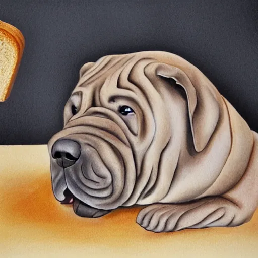 Image similar to photorealistic shar pei staring at a loaf of bread