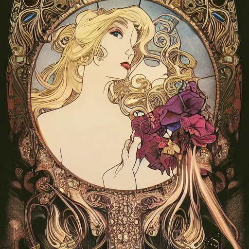 Image similar to Alice in Wonderland,Diamonds Blaze,Rose twining,out of time and space,dreamy, eternity, romantic,highly detailed,in the style of Alphonse Maria Mucha, highly detailed,night lighting