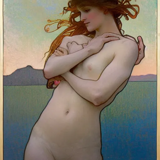 Image similar to tempera composed by alphonse mucha, by meredith marsone, by alexandre cabanel. the sculpture of two lakes in connecticut, with mountains in the distance.