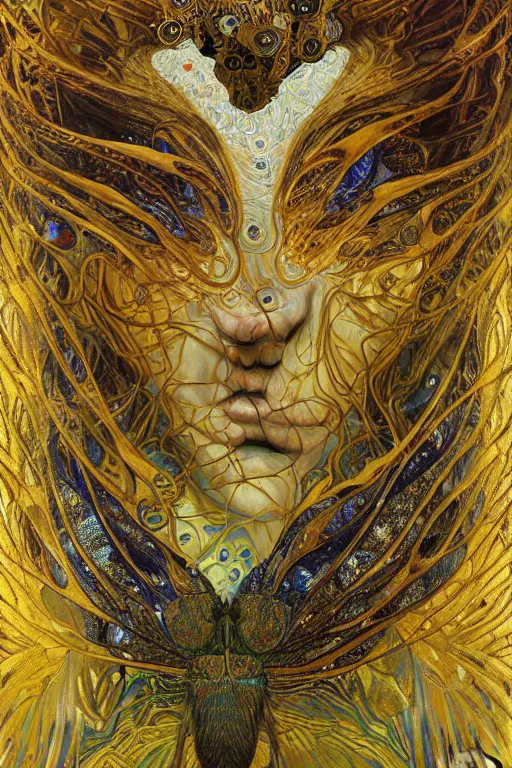 Image similar to Metamorphosis by Karol Bak, Jean Deville, Gustav Klimt, and Vincent Van Gogh, transformation portrait, chimera, visionary, cicada wings, otherworldly, fractal structures, ornate gilded medieval icon, third eye, dynamic, hybrid, fusion, change, spirals, horizontal symmetry