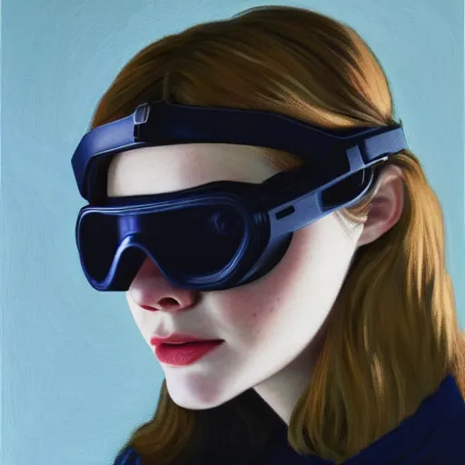 Prompt: Elle Fanning wearing a night vision goggles in the style of Paola Vetri, head and shoulders portrait, stormy weather, extremely detailed masterpiece, oil on canvas, low-key neon lighting, artstation, Blade Runner 2049, Roger Deakin’s cinematography, by J. C. Leyendecker and Peter Paul Rubens and Edward Hopper and Michael Sowa,