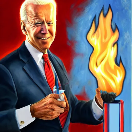 Prompt: a hyper realistic painting of joe Biden holding a long clear glass tube pipe above a tall flame coming out of a lighter. Abstract brush stokes. Masterpiece 4k