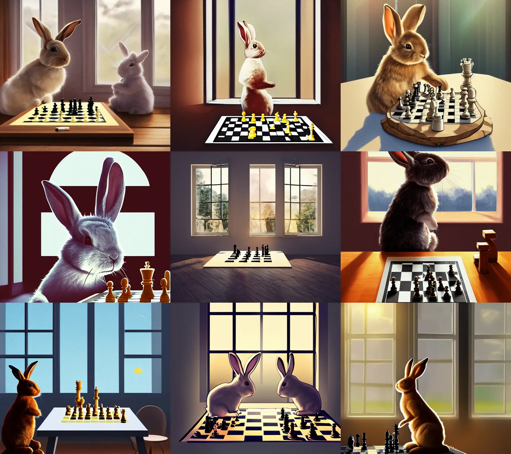 Prompt: a rabbit playing chess in a modern house, digital art, window sunshine, beautiful lightning, golden hour, bright, realistic, trending on artstation