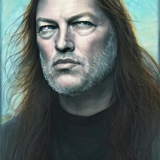 Prompt: amazing artgerm portrait of david gilmour as a preraphaelite painting, collaboration with j. scott campbell and artgerm with edward burn jones