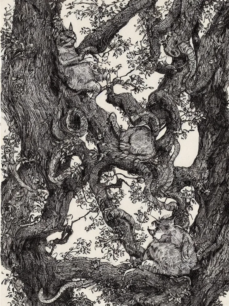 Prompt: Tenniel illustration cheshire cat, sitting in a tree