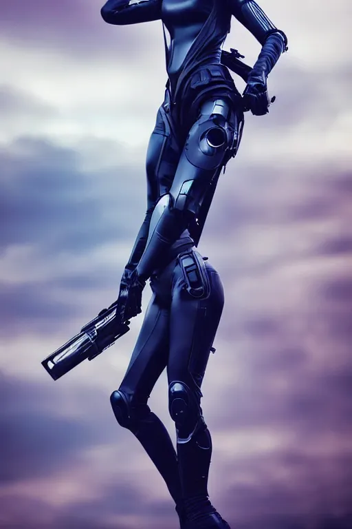 Image similar to a stunning picture of a beautiful young woman wearing futuristic deep black battle bodyarmor and legings with ombre navy blue teal hairstyle blowing in the wind shouldering a futuristic rifle by marvel comics, digital art, trending on artstation