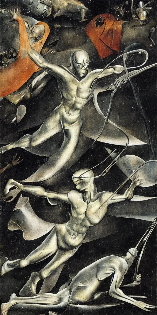 Image similar to the silver surfer by hieronymus bosch, highly detailed, realistic, abstract background, action pose