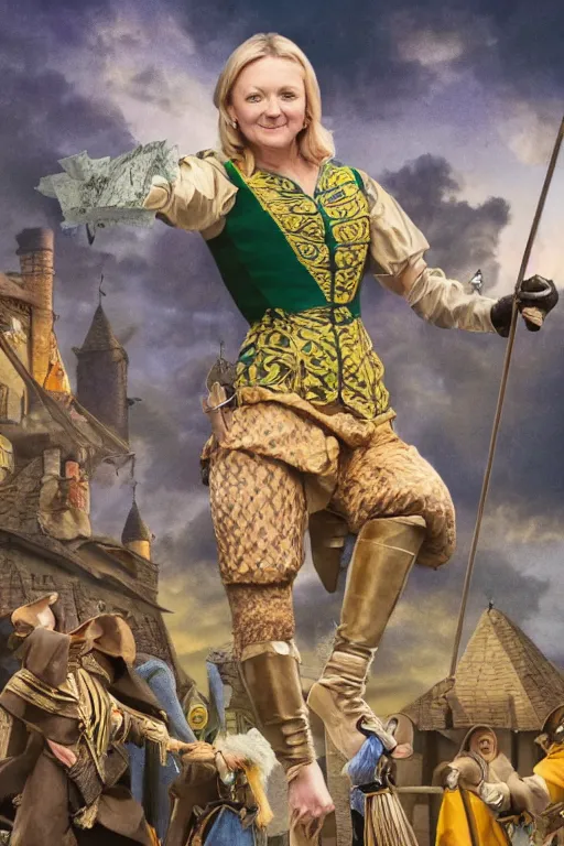 Prompt: intricate color photo of liz truss collecting taxes as the sheriff of nottingham, 8 k octane beautifully detailed render