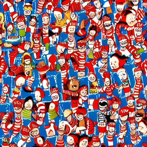 Image similar to wheres waldo cartoon by martin hanford, high resolution, highly detailed, full page