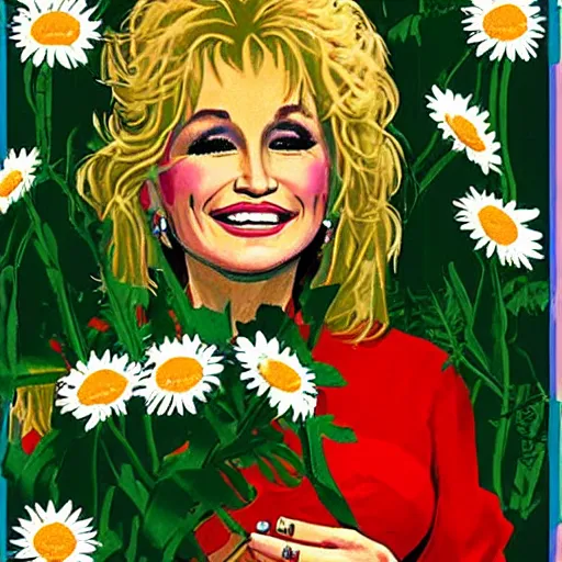 Prompt: young Dolly Parton surrounded by daisies, 70s poster design, retro, groovy, hippie