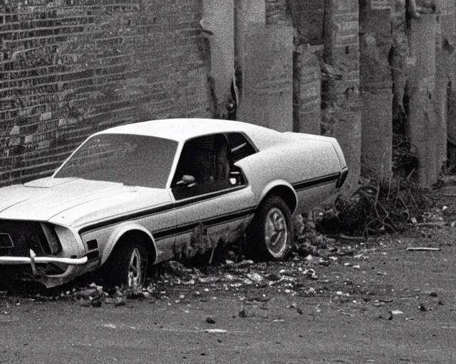 Prompt: 1973 photo of mustang wrecked into brick wall retro film picture