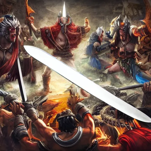 Prompt: a horde of gods are fighting with swords against people with costume with keyboards in their hands, realistic photo, nowadays
