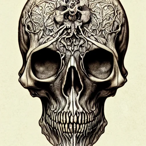 Image similar to memento mori by arthur rackham, art forms of nature by ernst haeckel, ultrasharp, photorealistic, hyperdetailed, octane render, polished, art nouveau, gothic, ornately carved antique bone beautiful skull mask dominant, intricate ornamental organic filigree, art nouveau botanicals, art forms of nature by ernst haeckel, horizontal symmetry, symbolist, visionary